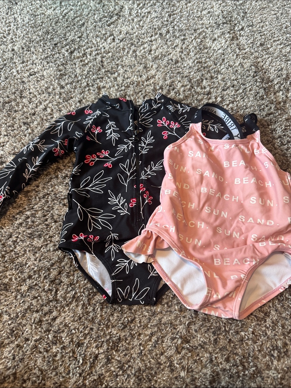 Tiny Tribe Kids One-Piece Swimsuit Set - Black Floral & Pink Beach